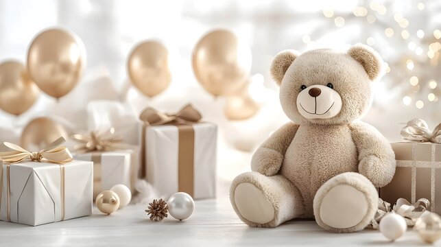 A soft plush teddy bear toy sitting on the floor next to beautifully wrapped Christmas gifts in a cozy light filled room with softly blurred balloons in the background