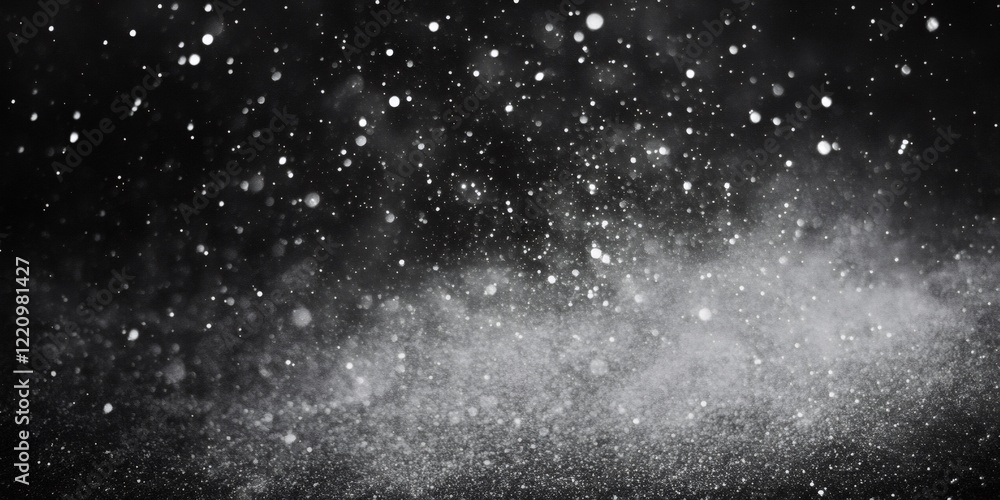 Poster silver particles floating and swirling on black background creating an abstract texture, perfect for