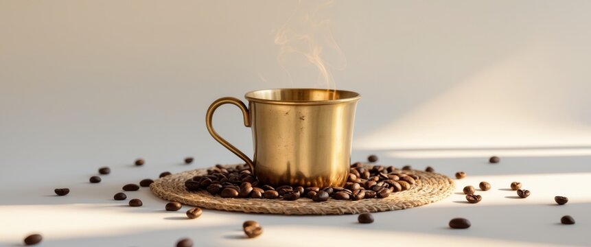 Brass coffee cup on a woven mat with coffee beans.