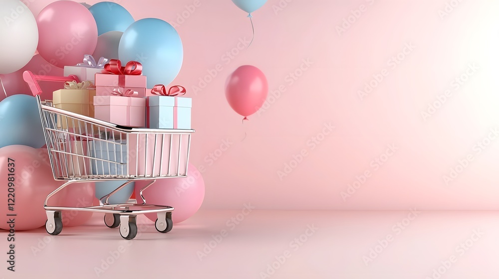Poster festive shopping cart overflowing with neatly wrapped gift boxes in various colors and shapes floati