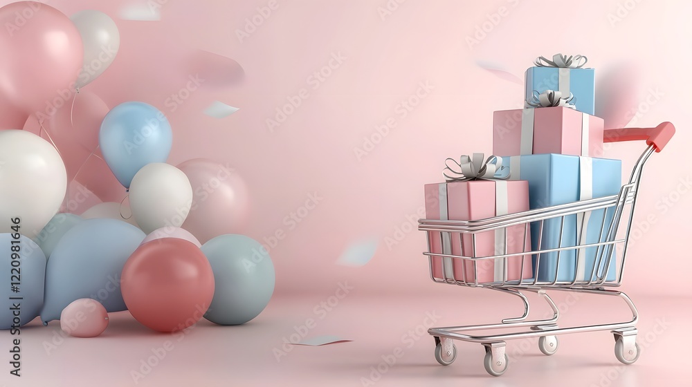 Poster vibrant shopping cart filled with neatly wrapped gift boxes placed against a soft pastel background 