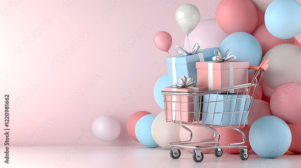 Poster festive shopping cart filled with neatly wrapped colorful gift boxes and floating balloons on soft p