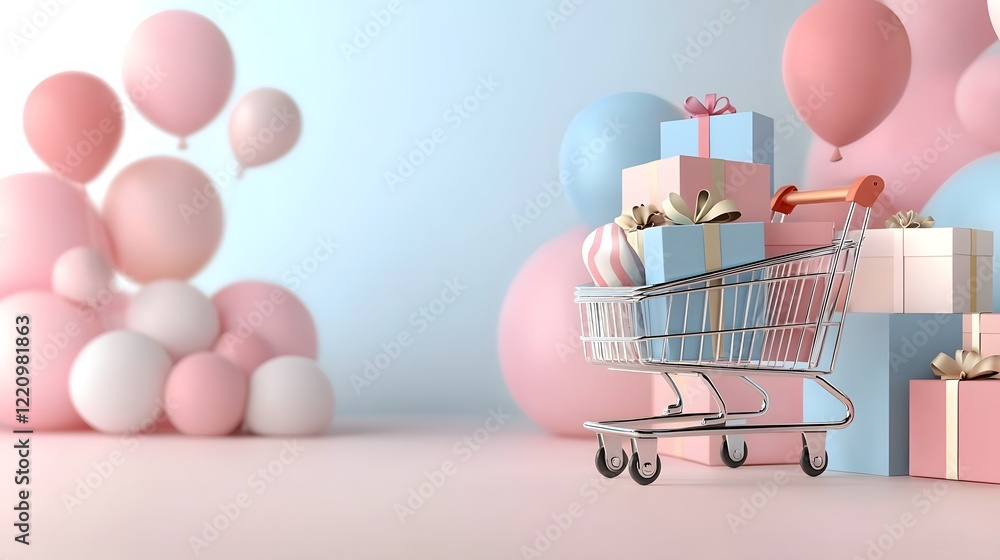Poster pastel colored shopping cart filled with a cheerful assortment of colorful gift boxes and packages s
