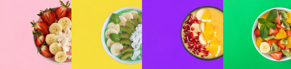 Collage of smoothie with fruits  and berries in the bowls on a colored background. Top view. Copy space.