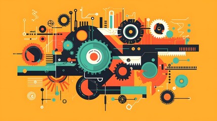 Obraz premium Vibrant Mechanical with Gears,Cogs,and Bearings in Modern Flat Design