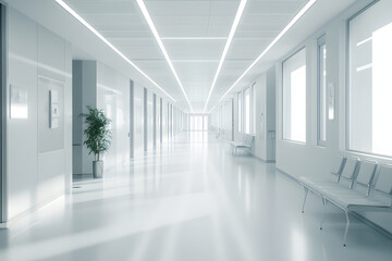 Obraz premium A blurred hospital interior with a bright white corridor and large panoramic windows, creating a clean and professional medical concept background. Ideal for banner designs with copy space.
