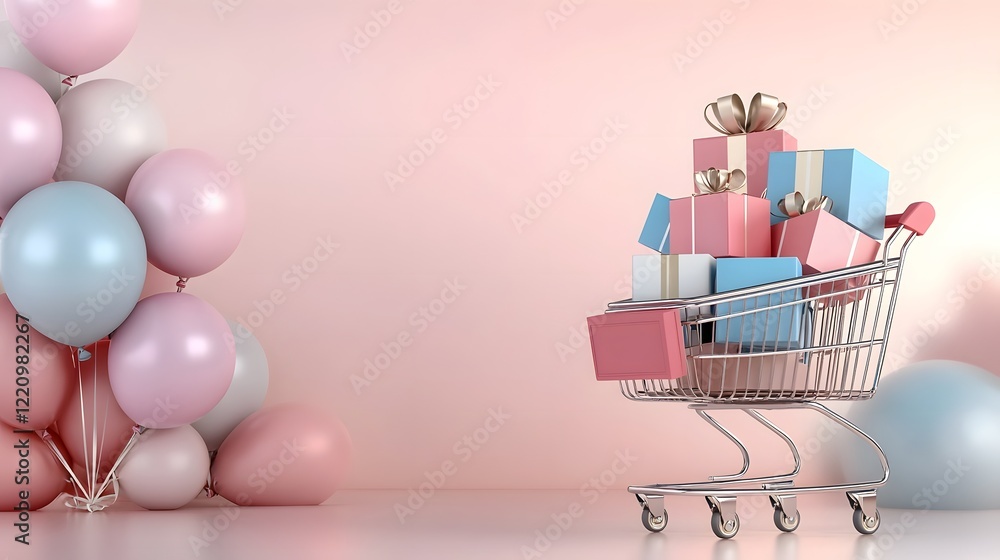 Poster stylish shopping cart brimming with colorful wrapped gift boxes positioned in a soft pastel toned se