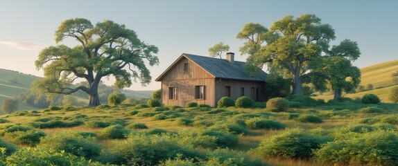 Charming Rustic House Surrounded by Lush Greenery in a Rural Landscape.