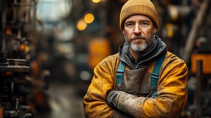 Fototapeta premium A seasoned industrial worker, his face etched with years of experience, stands confidently in a dimly lit factory, his arms crossed and gaze unwavering