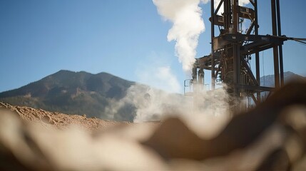 Geothermal drilling site in operation, showcasing advanced technology harnessing natural energy for sustainable power generation.

