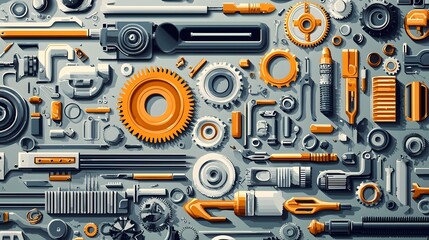 Detailed Industrial of Mechanical Tools and Gears in Organized Composition