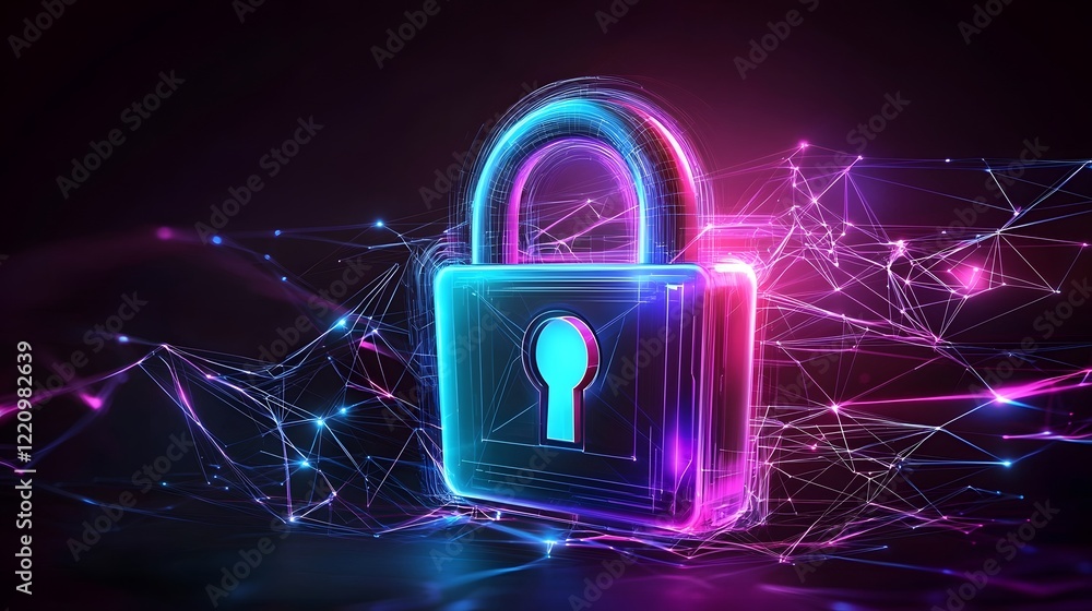 Poster Glowing cybersecurity lock icon with interconnected digital networks symbolizing internet security and technology awareness during National Cyber Security Awareness Month in October