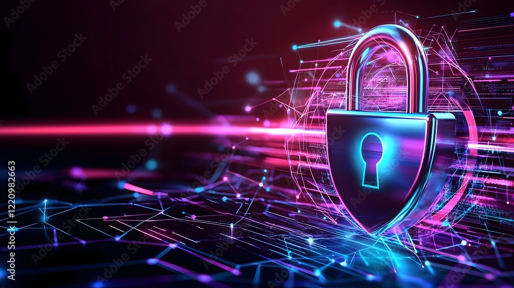 Poster Glowing Lock Icon with Interconnected Digital Networks Symbolizing Internet Security and Technology Awareness during National Cyber Security Awareness Month in October