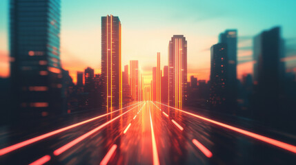 Obraz premium Futuristic cityscape with glowing neon lights at sunset