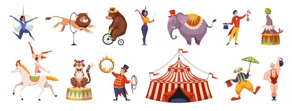 Cartoon circus animals and artists. Funny chapiteau characters, tent show, entertainment performance, trainers and acrobats, funny clown, animals show, tidy vector set