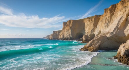 Obraz premium Coastal cliffs meet vibrant turquoise waters in this scenic seascape view