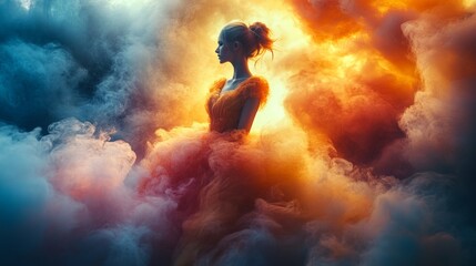 Obraz premium Silhouette of a woman amidst ethereal clouds