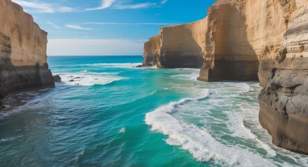 Fototapeta premium Coastal cliffs meet vibrant turquoise waters in this scenic seascape view.