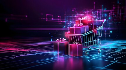 A stylish shopping cart filled with neatly stacked colorful gift boxes placed in a holiday themed digital environment that evokes excitement and festivity through the use of futuristic technology