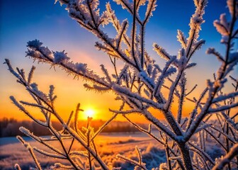 Obraz premium Silhouetted Frost-Covered Branches at Sunrise - Winter Wonderland Stock Photo