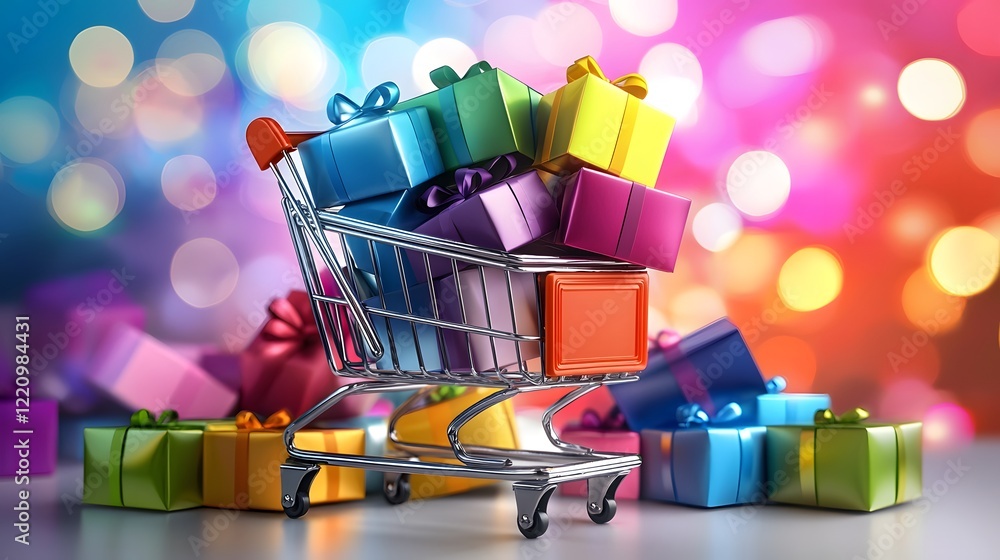 Poster miniature shopping cart filled with an array of colorful and festive gift boxes placed against a dre