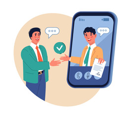 Businesses entering online agreement. Manager on smartphone screen. Partner people communicating with phones. Business videocall. Cartoon flat isolated illustration for web site. Vector concept