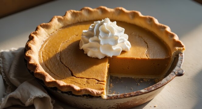 Creamy Pumpkin Pie with Whipped Topping in a Rustic Pie Dish.