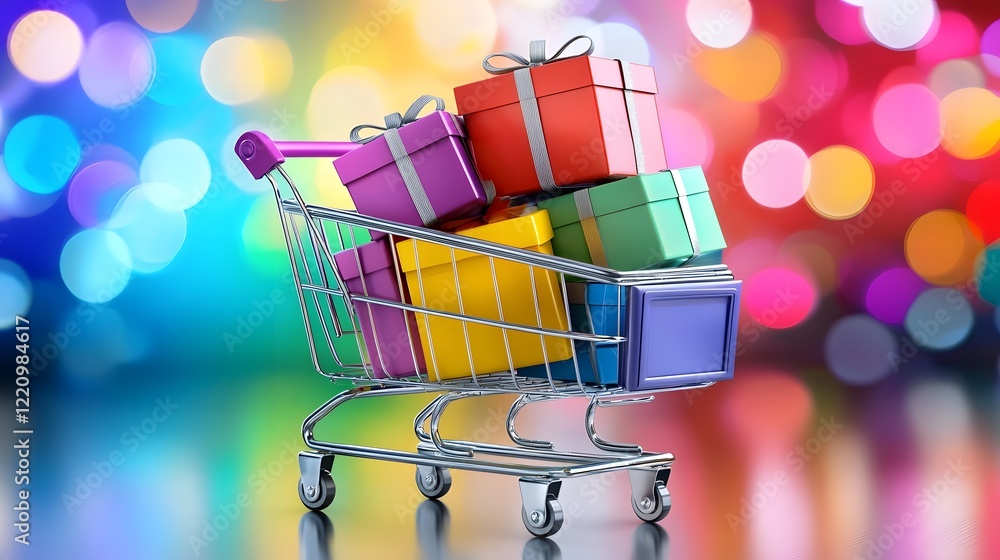 Poster a whimsical shopping cart overflowing with an assortment of vibrant wrapped gift boxes set against a
