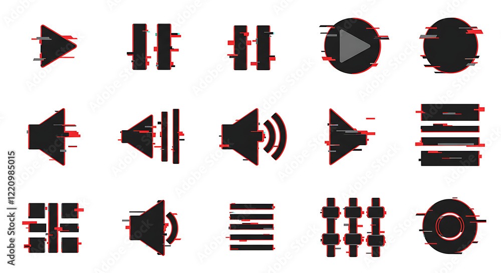 Poster glitch icons set. interface navigation elements with glitchy effect. vector signs collection.