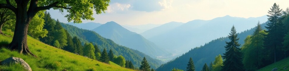 Gentle breeze stirs the leaves of mountain trees, landscape, serene