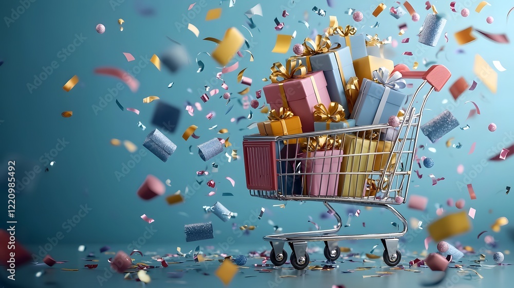 Poster a festive shopping cart brimming with an assortment of wrapped gift boxes and dynamic floating confe