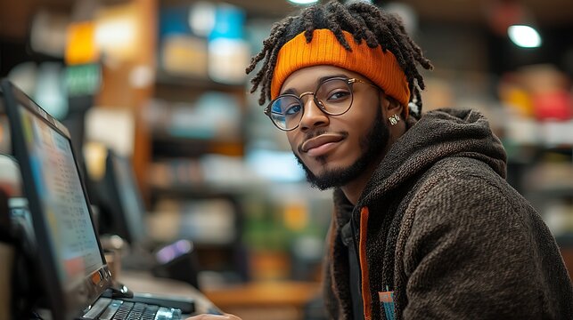 A friendly young man with dreadlocks and an orange headband works at a computer in a retail store, his approachable expression welcoming customers