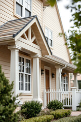 Charming House Exterior: Elegant Design and Landscaping. Discover the beauty of this residential home's architecture, showcasing its inviting porch, well-manicured garden, and classic design elements.
