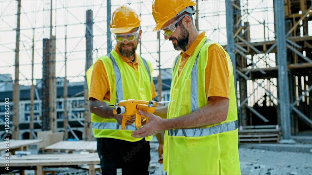 Aufkleber two workers in hard hats closely observe a drone, engaging in a discussion about its features