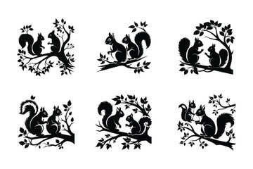 Black Silhouettes of Squirrels on a White Background