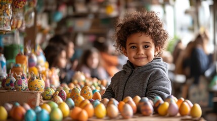 Fototapeta premium A bustling Easter craft booth with families painting eggs, making bunny masks, and creating decorations