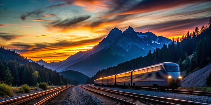 Silhouette of Amtrak Train Passing Through Cascade Mountains, Index, WA, July 2019