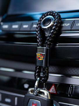 Novosibirsk, Russia -  september    05 , 2024:  close-up of  Cadillac  keychain  in car interior
