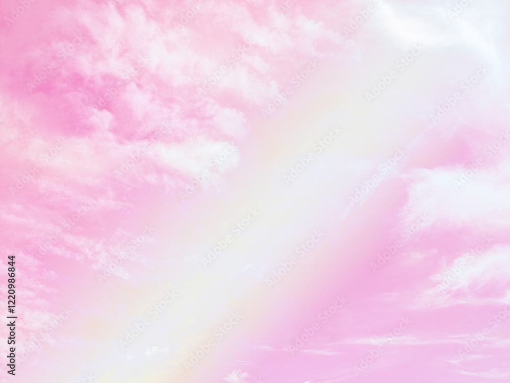 Wall mural beauty sweet pastel pink and yellow colorful with fluffy clouds on sky. multi color rainbow image. a