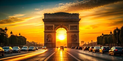 Silhouette of Arch of Triumph at Dawn, Morning Commute Traffic