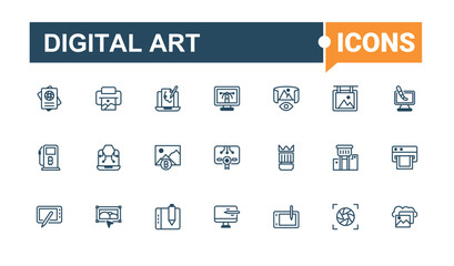 Set of Digital Art line icons. Includes thin line pen, art, website, idea, paint and more. Pixel perfect. Vector outline and solid icons collection.