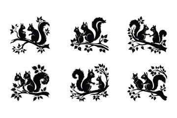 Black Silhouettes of Squirrels on a White Background