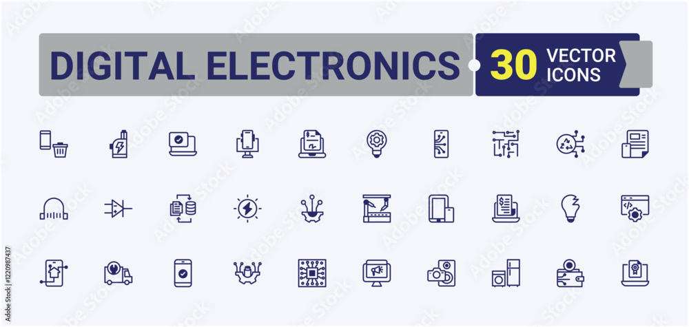 Poster digital electronics line icons set. includes icons for head, ui, camera, devices, app, watch and mor