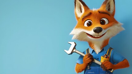 Obraz premium Friendly Cartoon Fox Construction Worker Holding Wrench and Smiling