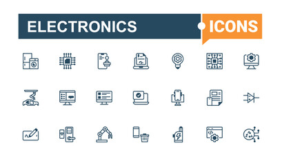Electronics lined icons set. Contains such icons as devices, tick, electronic, equipment, tv, drive, camera and more. Flat UI icon design. Solid line editable stroke. Vector line and solid icons.