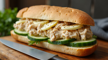 A  whole-grain baguette with tuna, boiled egg, cucumber slices, and a light yogurt dressing.