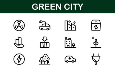 Eco Green City Icon Set. Minimalist Line Icons for Sustainability, Smart Cities, and Environmental Conservation Projects