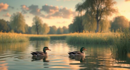 Ducks swimming gracefully in a tranquil pond during golden hour in the countryside.