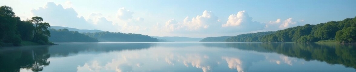 Fototapeta premium Gentle clouds drift across a serene lake surface, reflection, , trees