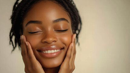 A close-up photo of a smiling woman with closed eyes, touching her cheeks with her hands, studio photoshoot, smooth detailed skin texture. 